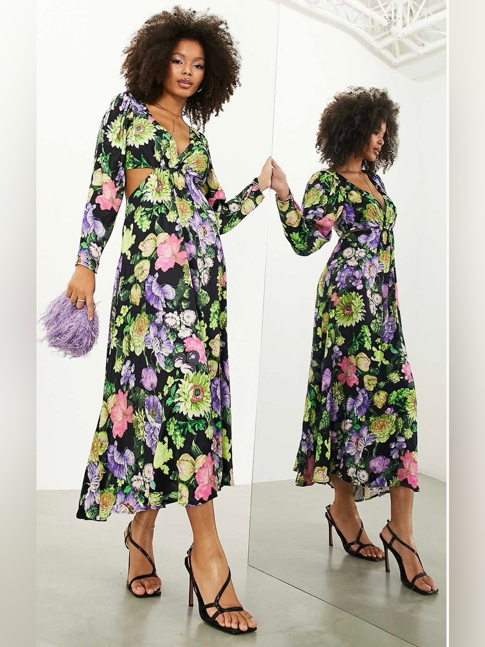 ASOS Edition Satin Midi Dress With Cut Out Back In Bright Floral Print